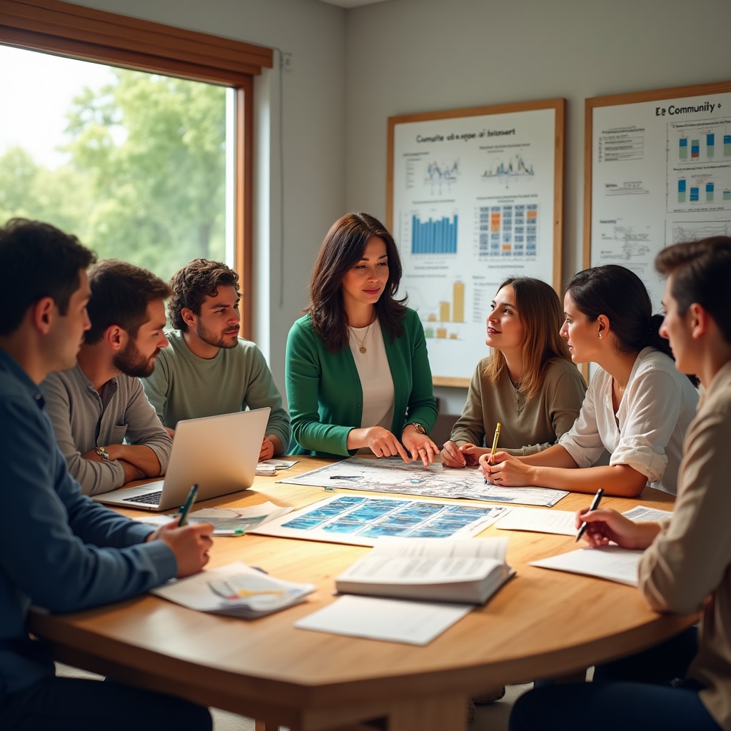 Miembros de la comunidad discutiendo planes de proyecto de energía renovable
