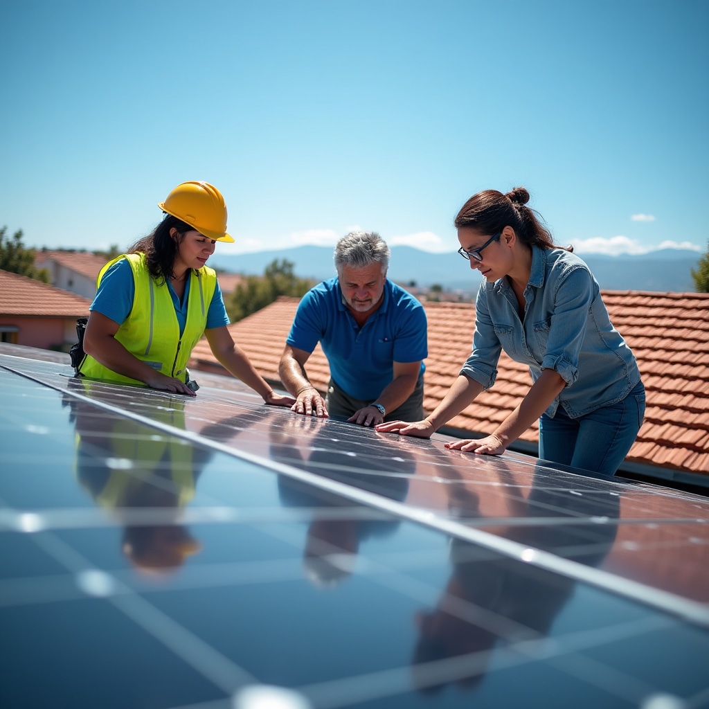 Community members participating in solar panel installation